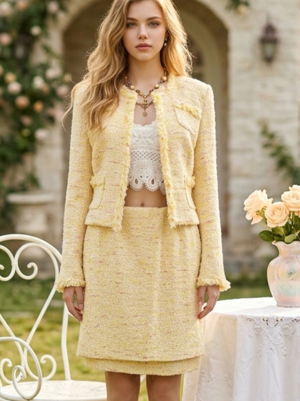 Maxime Pastel Yellow Tweed Skirt Set with Orange Accents
